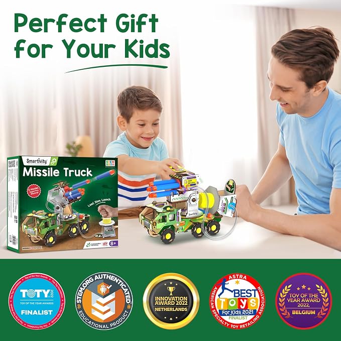 Smartivity DIY Missile Truck for Kids | Build Your Own Military Vehicle with Air-Powered 360° Rotating Launcher & 5 Foam Missiles | STEM Engineering Toy | Birthday Gift Boys & Girls 8 9 10 11 12 13 14