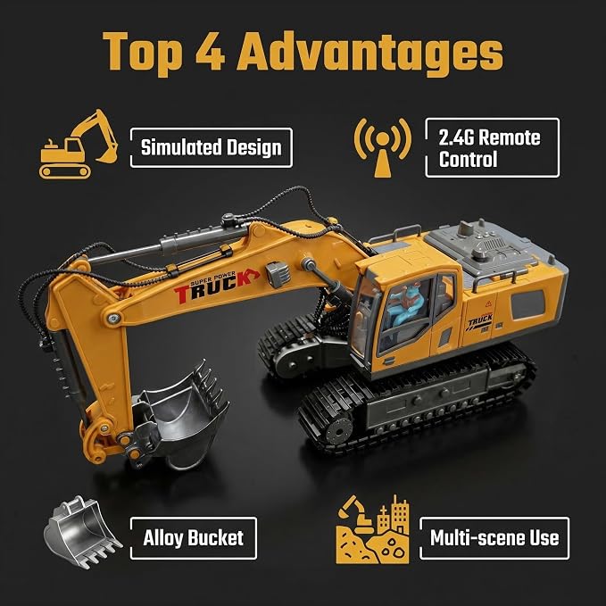 Remote Control Excavator,RC Excavator Toy 11CH Construction Digger,Construction Toys Rc Excavator for Adults,Metal Dig Bucket, Lights Sounds,3 4 5 Year oldGift for Birthday