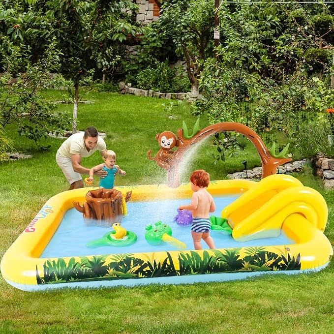 Inflatable Jungle Animal Play Center Outdoor Playhouse Inflatable Water Park with Kid Pool Slide, Sprinkler Toy with Base Pool, Monkey, Tree Stump for Garden Backyard