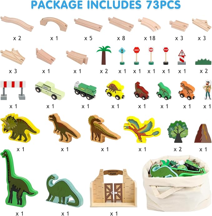 Wooden Train Set, Dinosaur Toys for Kids 3-5, Compatible with Major Brands, Dinosaur Train, Ideal Wooden Dinosaur Train Track Set for 3 4 5 6 7 8 Year Old Kids Boy Girl