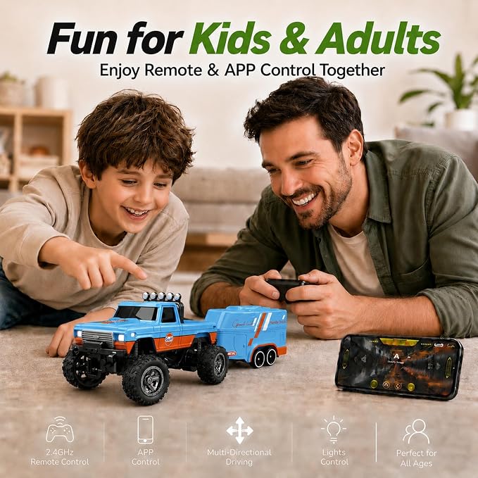 1:64 Scale Mini Remote Control Monster Truck with Trailer | 2.4GHz & App Dual Control, Alloy Mini RC Car with LED Lights, Portable Pocket Toy Car for Kids & Adults, Gift for Boys (Blue-b)