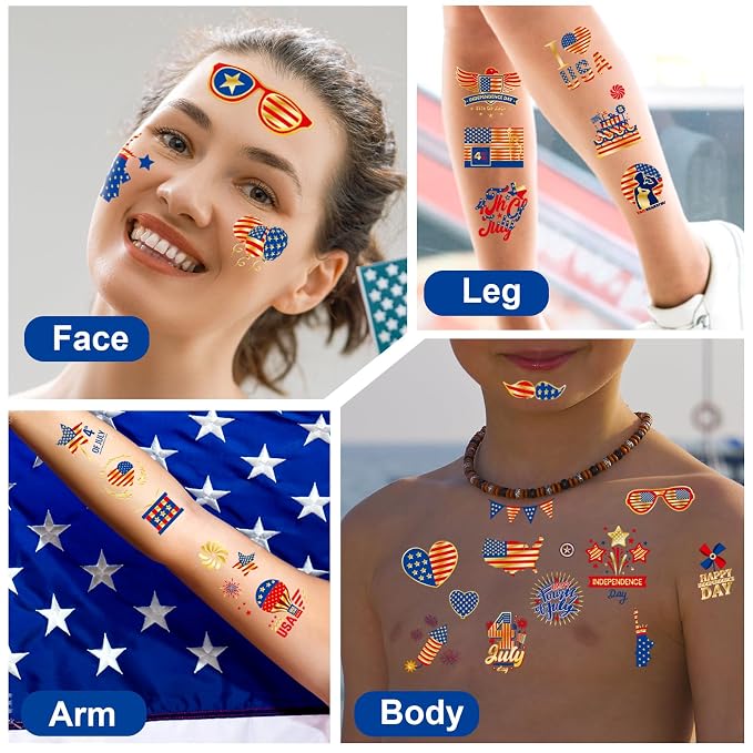 JCFIRE 4th of July Decorations, Temporary Tattoos for Kids Adults, Patriotic Decorations, Fourth of July Accessories, Red White And Blue Party Supplies for Independence Day