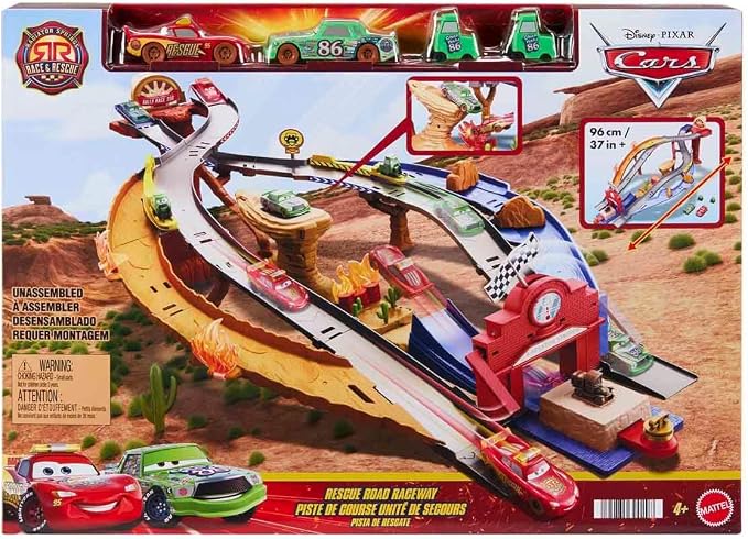 Mattel Disney and Pixar Cars Toy Playset, Lightning McQueen & Chicks Hicks & 2 Pitty Crew Vehicles, 2 Ways to Race, Race & Rescue Rescue Road Raceway