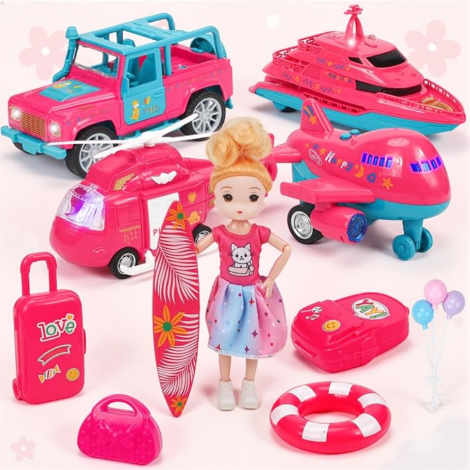 Pink Dream Travel Vehicles Playset Toys for Girls Age 3-6, Fashion Doll with Interactive Off-Road Car, Airplane, Boat & Helicopter, Lights & Sounds Pretend Play Beach Toys, Christmas & Birthday Gifts