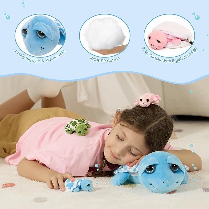 MorisMos Sea Turtle Stuffed Animal Mommy with Babies, 6 Packs Stuffed Turtle Toys for Kids Toddlers, 14'' Mama Big-Eyed Tortoise Toy, Sea Stuffed Animal Plush Pillow Gifts for Birthday Christmas