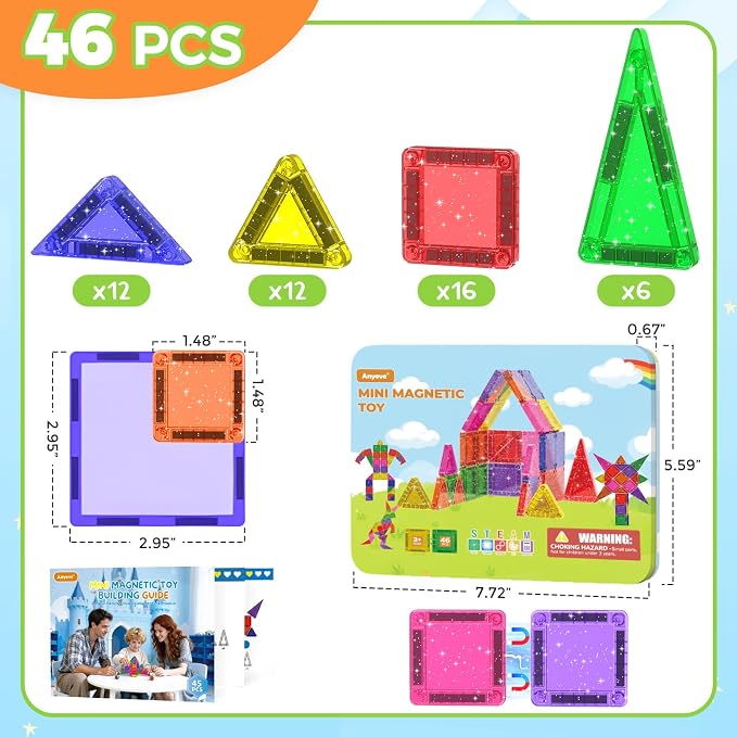 46PCS Glitter Magnetic Tiles, Mini Magnetic Tiles Travel Set with Storage Case, Portable Magnetic Blocks Building Toys for Toddlers Kids Ages 3+ Classroom Learning Toys for Boys Girls Birthday Gift