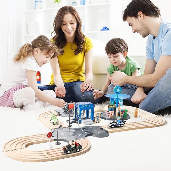 59 Pcs Wooden Train Set for Toddlers, Toy Train with Track for Kids Ages 3-6, Deluxy Double Track City Police Station Railway Playset Gifts for Boys and Girls Ages 3+