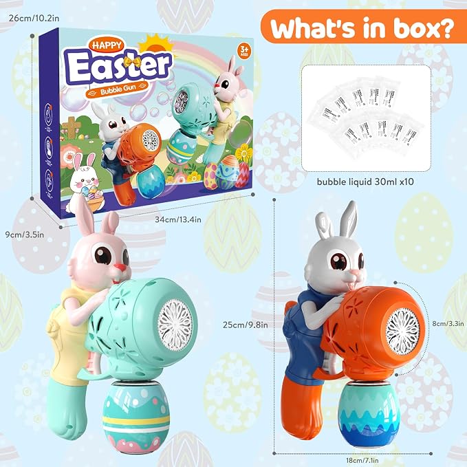 IFLOVE 2-Pack Rabbit Bubble Machine for Kids, Automatic Bubble Gun Ages 3-8 | Bunny & Easter egg design, 12 outlets blow 5,000+ bubbles; 10 solution packs; summer outdoor toy; needs 4 AA batteries