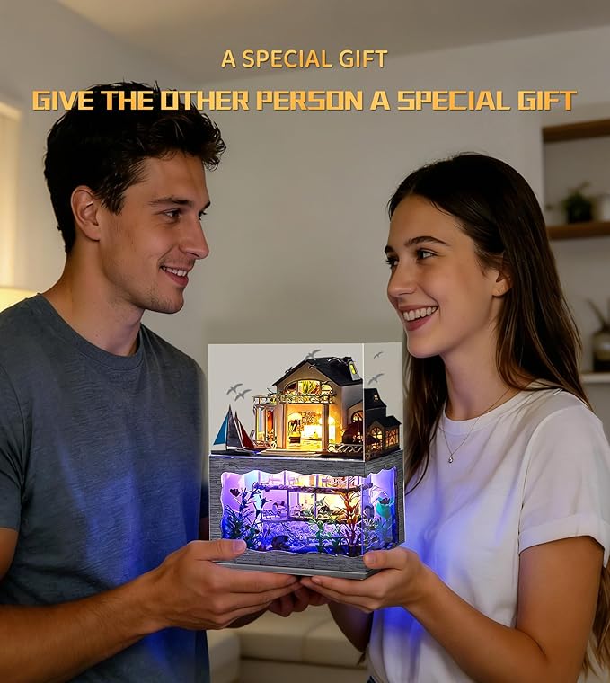 Spilay Miniature Dollhouse Kit with Furniture,DIY Dollhouse Kit Mini Modern Villa Model Plus Dust Cover and Music Box,1:24 Scale Creative Room Idea for Adult Birthday Gift(Hawaii Impression)