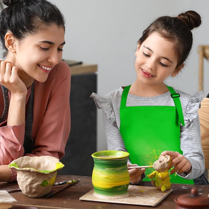12 Pack Kids Apron Bulk with 2 Pockets Adjustable Chef Art Apron Kids Painting Aprons for Cooking Baking Painting Crafting Grilling Activity(Green)