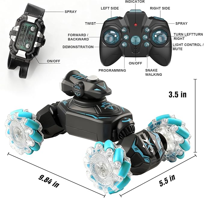 Gesture Sensing Remote Control Car, RC Cars Toys for Boys Age 6-12, 4WD Hand Controlled Twist & Transform 360° Spins Stunt Car with Mist, Light & Music, 8-10 Year Old Boys Birthday Gift Blue