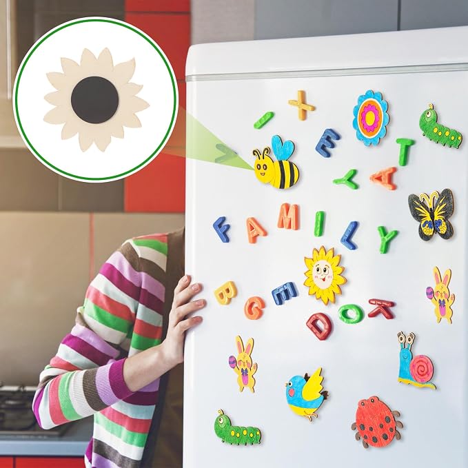Blueweenly 72 Sets DIY Wooden Magnets Craft Kits for Kids Wooden Supplies Craft Painting Kit for Kids Activities Party Favors for Boys Girls Easter Basket Stuffers Birthday Party Gifts (Summer)