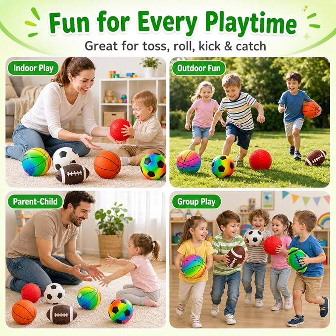 Soft Balls for Toddlers Kids 1-3 3-5, Easy to Grip 5" Small Balls 7 Pack, Mini Football Soccer Basketball Playgroundball - First Birthday Gift Baby Toys for Boys Girls