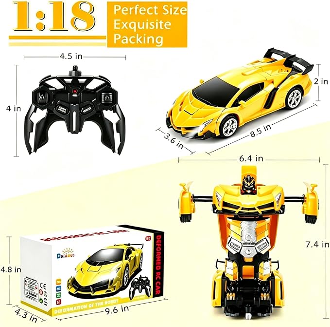 Transform Remote Control Car, RC Cars for Boys Age 3-5 6-8, One-Button Transform Toy Cars, 2.4GHz, 360° Spin, 1:18 Scale, Flashing Headlight,3-8 Year Old Grandkids Christmas Birthday Gifts