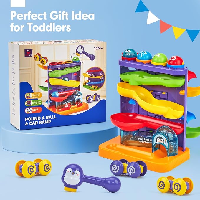 hahaland Ball Drop Toys for 1 Year Old, 2 in 1 Pound a Ball & Car Ramp Montessori Toys for 1 Year Old, Cause and Effect Toys with 4 Balls, 4 Cars & Squeaky Hammer, Toddler Birthday Gift 12M+