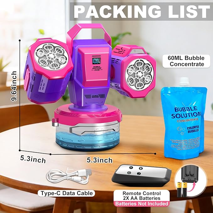 Rechargeable Bubble Machine with RGB Lights: 30,000 Bubbles/Min Storm, Auto 360° Rotation, Battery% Display - Remote Control Bubble Maker for Romantic Wedding, Kids Party & Outdoor Events