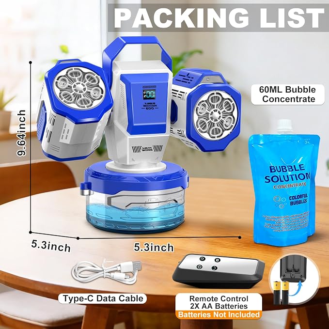 Rechargeable Bubble Machine with Remote Control: 30,000 Bubbles/Min, Type-C, Auto 360° Rotation Bubble Blower with RGB Lights - Creates Magic for Kids Parties, Birthday, Weddings, Outdoor Events
