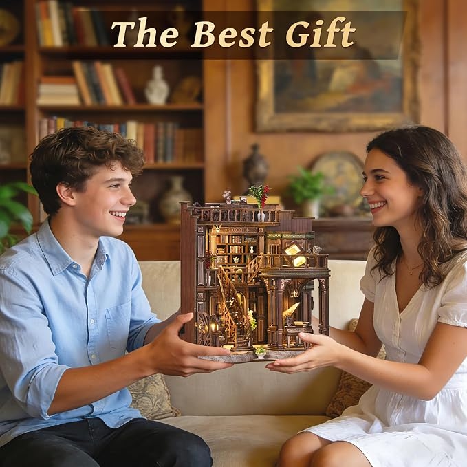 DIY Book Nook Kit for Adults, Miniature House Kit Wooden Dollhouse Bookshelf Decor with LED Light, 3D Puzzle Model Building Crafts for Adults, Creative Gift Idea for Women & Men