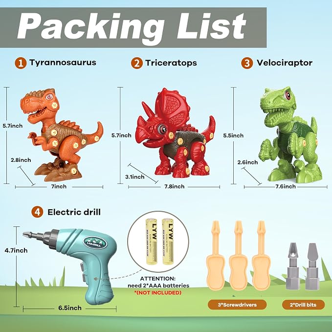 Laradola Assemble Dinosaur Toys for Kids: 3 Pack STEM Construction Building Set with Electric Toy Drill & Screwdrivers - Birthday Gift for Boys Girls Ages 3-5 5-7