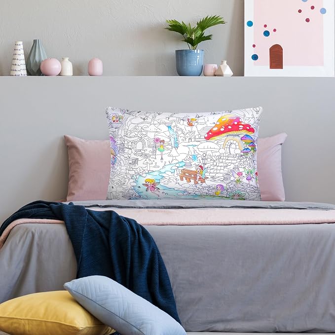 Mindsoft Coloring Pillowcase with 12 Pcs Markers Color Your Own Pillowcase Kit for Coloring Craft Decoration Supplies, 28.7 x 19.7 Inch (Mushroom Elf)