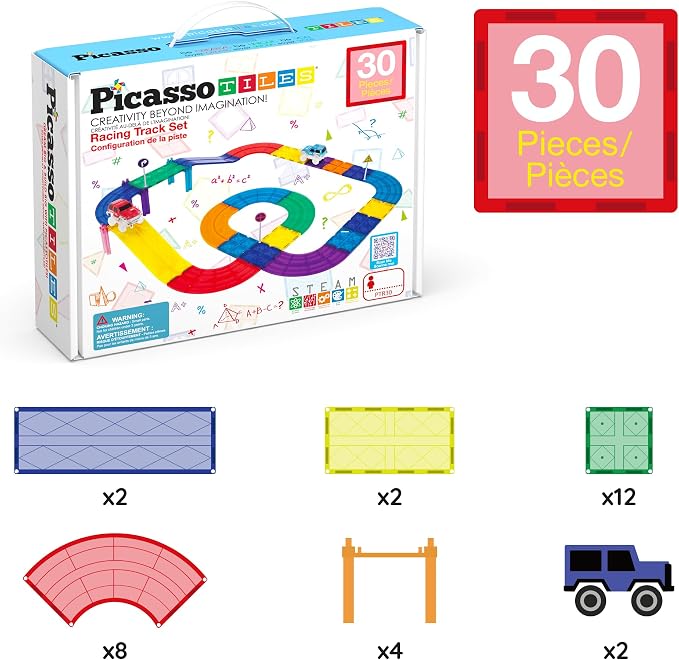 PicassoTiles Race Track Magnetic Tiles Car Toy Fun Playset Includes 2 Racing Trucks Racecars STEM Educational Magnet Building Block Construction Set for Toddlers Boys Girls Ages 3 and Older PTR30