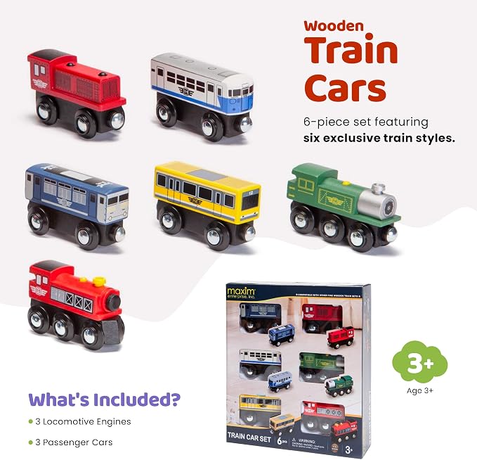 Maxim Enterprise 6-Piece Wooden Train Car Set – Classic Rolling Locomotive/Train Engines Compatible with Thomas Wooden Railway, Brio & Other Major Brand Wooden Trains