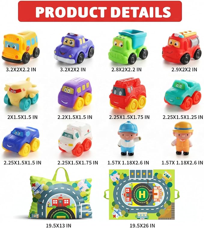 ALASOU 12 PCS Soft Rubber Car Toys for 1 Year Old Boy with Playmat/Storage Bag|Baby Toys 1 Year Old Boy Gifts for Toddler Toys 1-2|1st Birthday Gift for Infant 12 18 Months