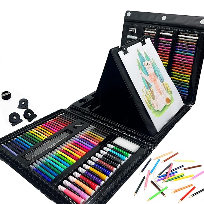 AQTQA Art Supplies, Drawing Art Set Kit for Kids Double Sided Trifold Easel | 208 PCS Teens Artist, Adults Art Set, Oil Pastels, Crayons, Colored Pencils, Watercolor Pens Gift for Girls Boys Artist,Black
