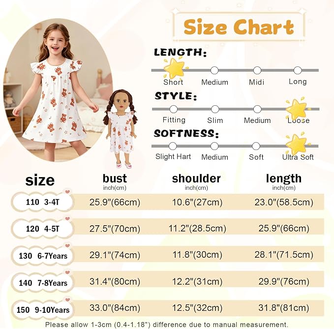 AmzBarley Matching Doll & Girl Pajamas Girls Nightgowns Sleepwear Night Dress for Kids and 18 inch Doll Clothes
