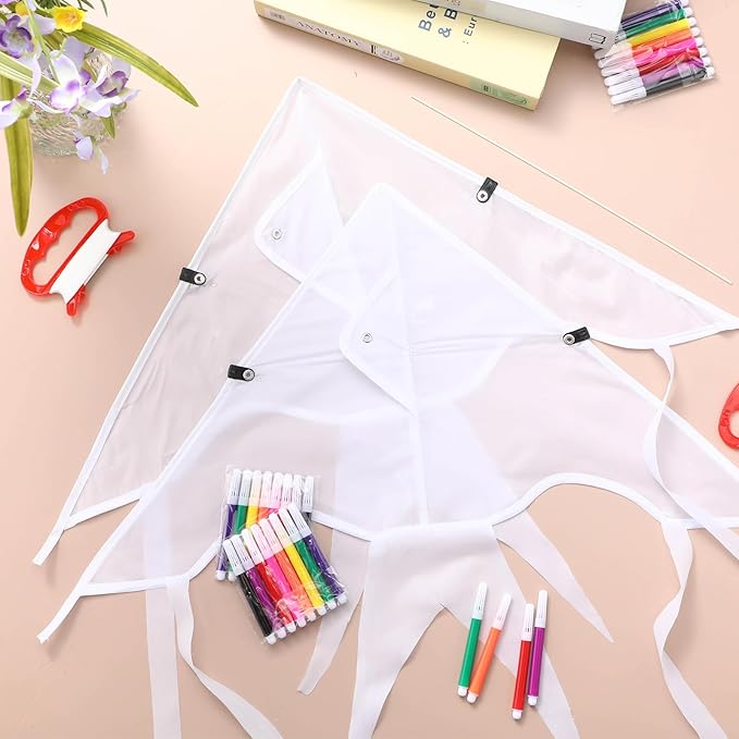 Honoson 20 Pieces DIY Blank Kite with Watercolor Pens and String 20 Inch Making Craft Kits Decorating Coloring Kite Pack for Outdoor and Activities