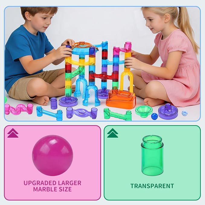 EagleStone 79PCS Transparent Marble Run STEM Maze Building Toy Play Set | 49 Track Pieces With Glow-In-The-Dark Glass Marbles, Building Toy For Kids Ages 3-12, Educational Gift For Boys And Girls