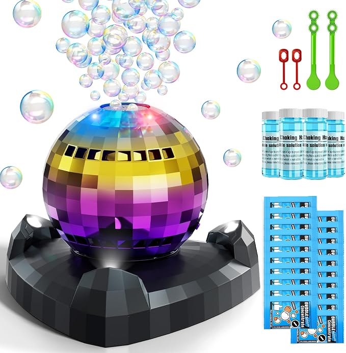 Bubble Machine, Automatic Bubble Blower Maker with 360° Rotating Turntable and LED Lights, Disco Ball Bubble Machine Summer Kids Toys for Weddings Birthdays Party Indoor Outdoor Backyard Camping