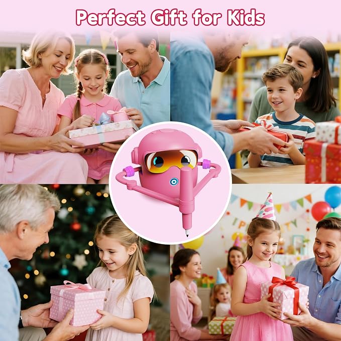 Peledic Drawing Robot Toy for Kids with 100 Word Cards & 12 Color Pens, Voice Interactive Educational Drawing Machine, Montessori Painting Toys for 3 4 5 6 7 8 Year Old Boys Girls Easter Gifts (Pink)