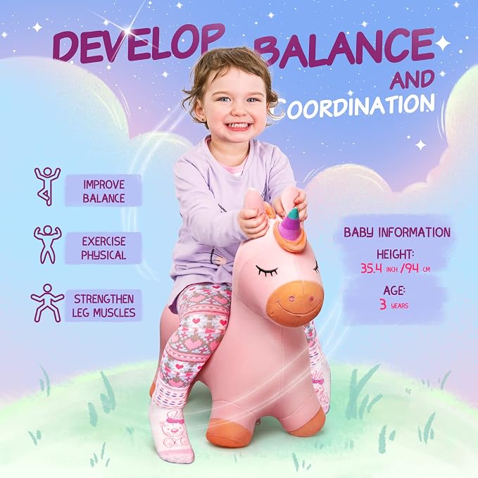 Bouncy Hopper Horse Unicorn Toys, Inflatable Bouncing Animal Hopping Toys, Outdoor Indoor Ride on Bouncer, Boys Girls Birthday Gift for 18 Month 2 3 4 5 6 Year Old Kid- Plush Unicorn Toy