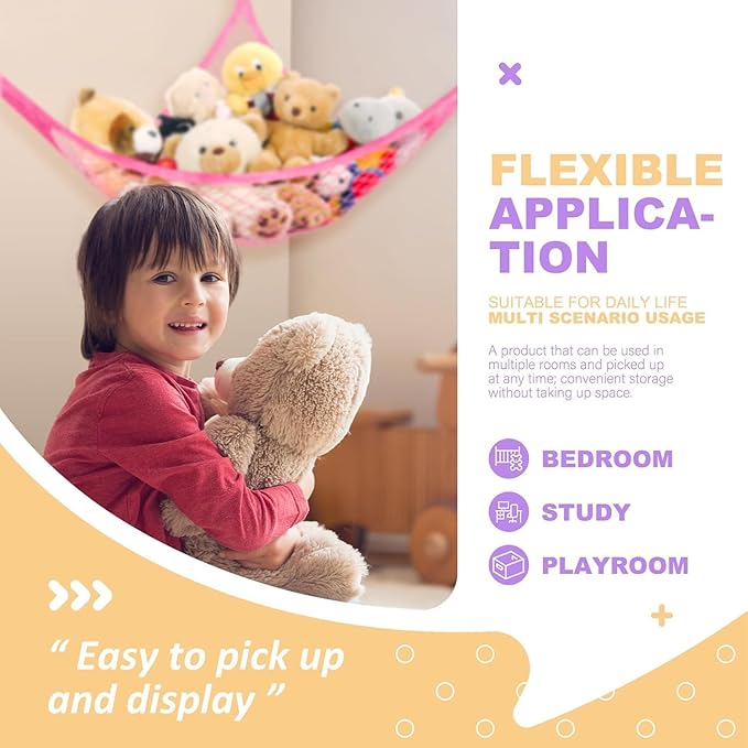 Lazebox Stuffed Animal Net Hammock for Plushie Toys, Stuffed Animal Hammock Corner for Kids' Room Decor, Ideas for Organizing Stuffy Collection, Pink, L (67" x 40" x 40")-Pack of 1