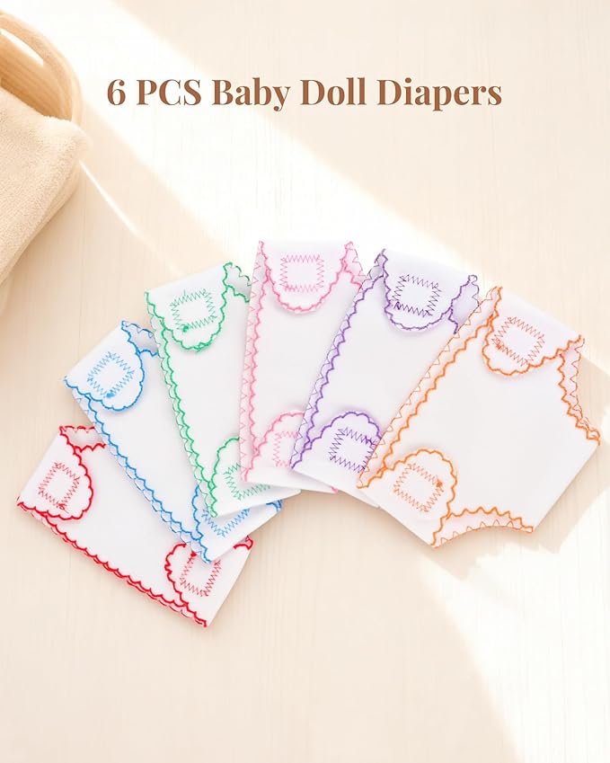 BABESIDE 6 Baby Doll Diapers, Reusable Diaper Accessories for 12-15 Inch Baby Dolls, Pretend Play Set