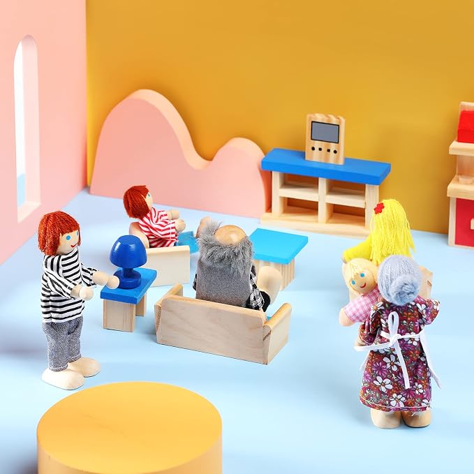 Sumind 35 Pcs Wooden Dollhouse Furniture with 8 Family Figures, Montessori Educational Wood Dolls House Accessories for 1:12 Scale, Preschool Imaginative Play Kit for Girls and Boys