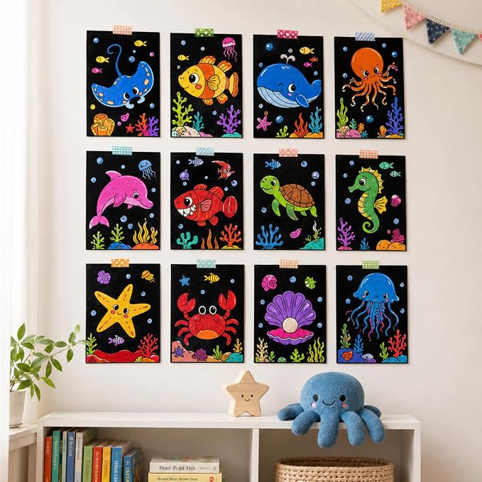 Cinrobiye 48 Pcs Velvet Coloring Posters Summer Fuzzy Posters to Color Bulk Felt Ocean Animal Coloring Page Craft for Adults Teenagers All Ages Classroom Assisted Living Festive Holiday Activity