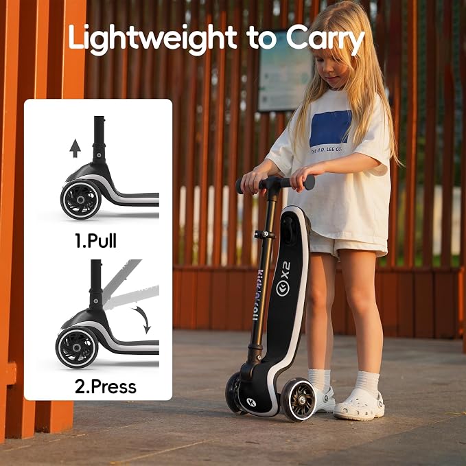 Kicknroll Toddler Scooter 3 Wheel Kids Kick Scooters with Dynamic Light-Up Non-Slip Deck & LED Wheels, 4 Adjustable Height, Foldable, Lean-to-Steer Design for Girls Boys Ages 3-8 Max 110 Lbs