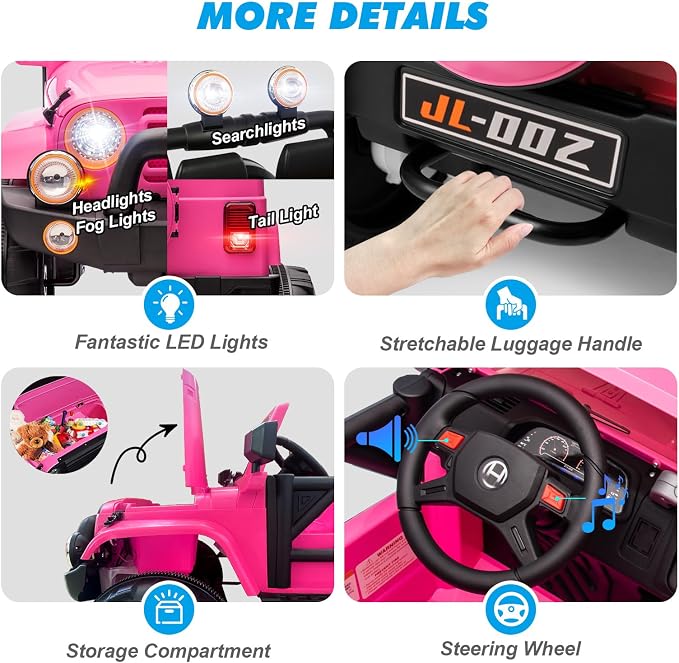 2 Seater Ride On Truck and Car Cover, 12V Children's Electric Car with Parental Remote Control, Music, Bluetooth, MP3 Player, LED Lights, Spring Suspension, Pink