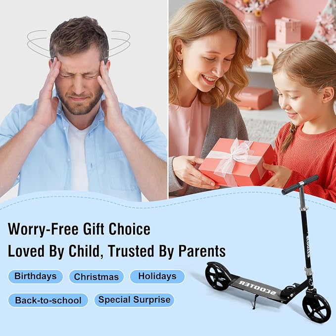 Scooter for Age 6+, Folding Kick Scooters for Kids 8-12,Teens, Adults up to 250Lbs,3 Adjustable Heights, Rear Brake, Wide Antislip Deck, Lightweight Scooter for Boys Girls