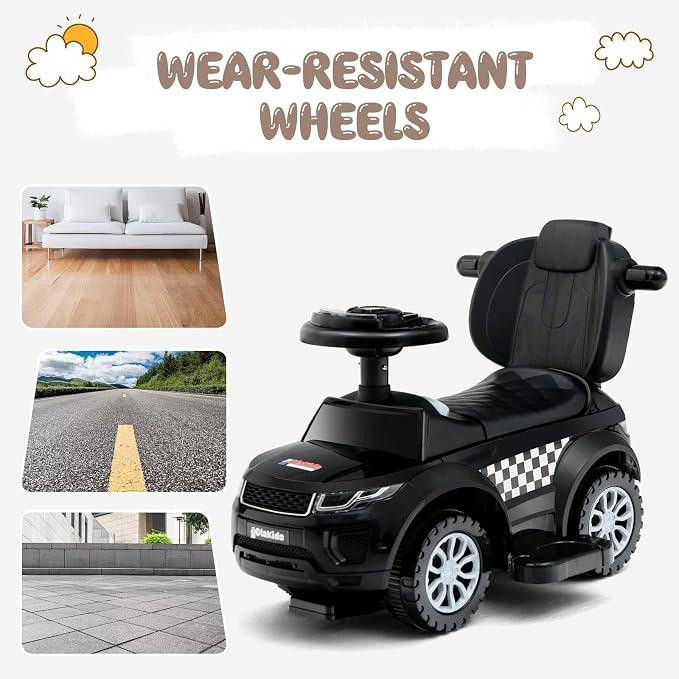 OLAKIDS 4 in 1 Ride on Push Car, Toddlers Stroller Sliding Walking with Horn, Music, Lights, Removable Guardrails and Handle, Underneath Storage, Foot-to-Floor Walker for Boys Girls (Dark)