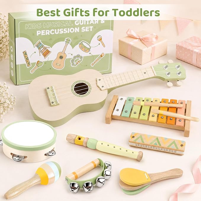 Kids Guitar Set - 8 in 1 Toddler Musical Instruments, Montessori Wooden Baby Ukulele Xylophone Tambourine Maracas Flute, Toy Guitar for Toddler 1-3, Mini Guitar Set Toddler Gifts for 2 Year Old