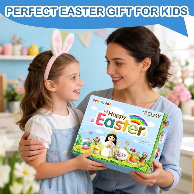 Easter Air Dry Clay for Kids,12 Boxes Modeling Magic Clay Kit with Sculpting Tools Tutorials, Safe & Non-Sticky DIY Craft Kit for Easter Basket Stuffers Gifts