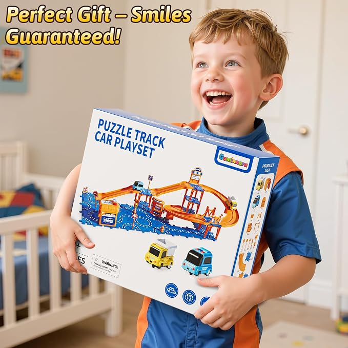 Toddler Puzzle Race Cars Track Toys for Kids Age 3-5 2-4 Years, 59PCS Puzzles Car Track Set Includes 2 Cars and Road Signs, Educational Birthday Gifts for Kids, Boys and Girls