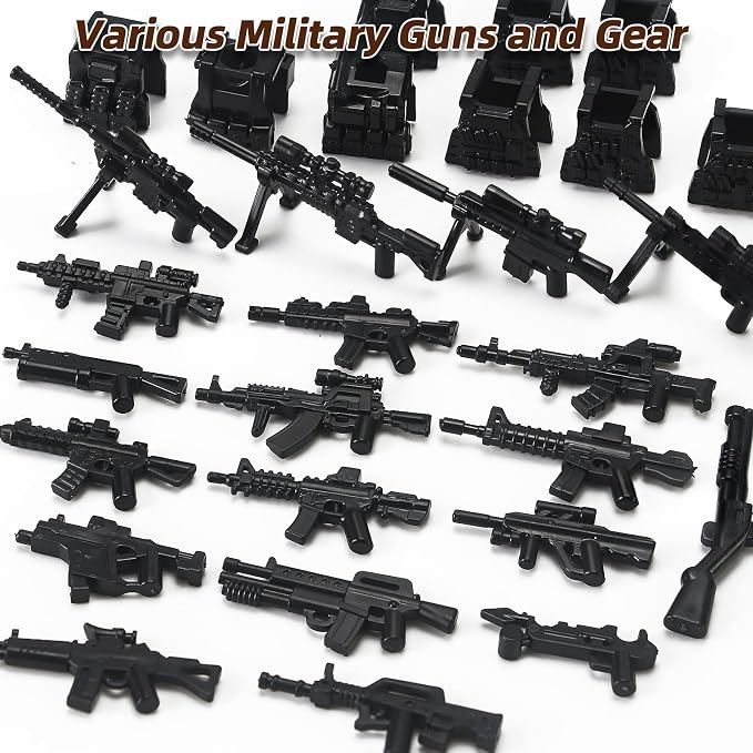 SWAT Military Weapon Pack Building Block Set City Police Accessories | Black Tactical Gear with Robot Dog Drones Inflatable Boat Motorcycle Toy Kit for Kids Ages 4+