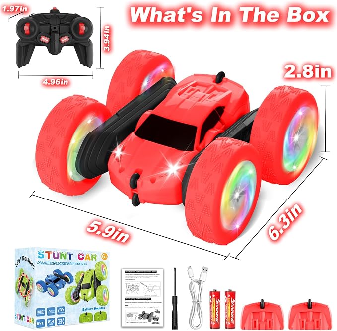 Remote Control Car, Outdoor Toys RC Cars for Kids Ages 6-12, 4WD Double Sided Stunt Vehicle with Upgraded USB-C Modular Batteries, 5 6 7 8 9 10+ Year Old Boy Birthday Red