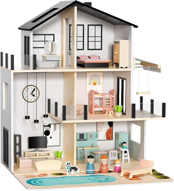 BIERUM Wooden Dollhouse, Large Modern Doll House with 44Pcs Furniture Accessories, Dolls & Pets, DIY Puzzle Pool Yard, Wood Dollhouse Toy for Toddlers 3+, Ideal Gift for Boys and Girls (Black)
