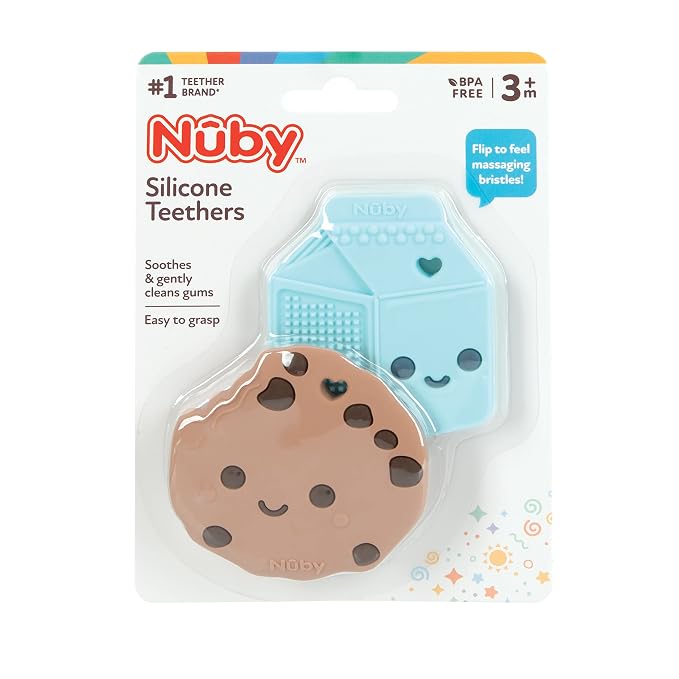 Nuby Chocolate Chip Cookie and Milk Baby Teether for Teething Comfort - Silicone Teether for Babies - Soothes Sore Gums - 3+ Months