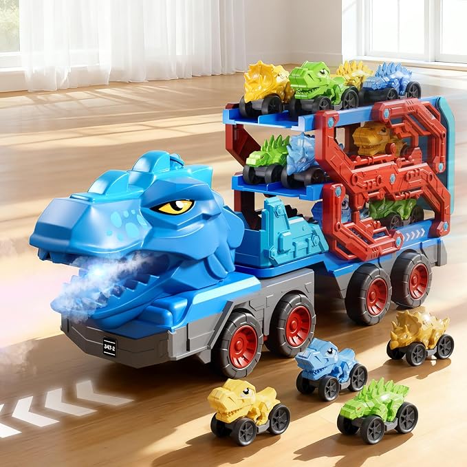 PEADUCK Toddler Car Truck Toys for Kids Ages 3-5, 10-in-1 Dinosaur Carrier Truck with Foldable Track Toys with Spray, Light & Sounds and 9 Dino Cars, Birthday Gift for 3 4 5 6 7 8 Years Old Boys Girls